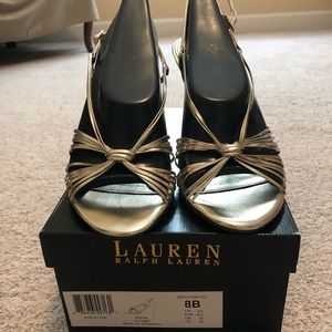 Never Worn! Ralph Lauren gold strappy heels.